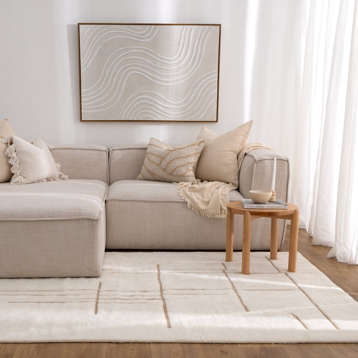 Sierra Abstract Beige Lines Washable Wool Rug