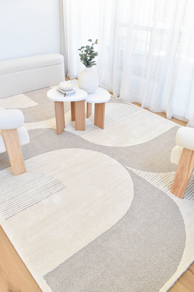 Arcadia Mid-Century Geometric Arch Textured Beige Rug