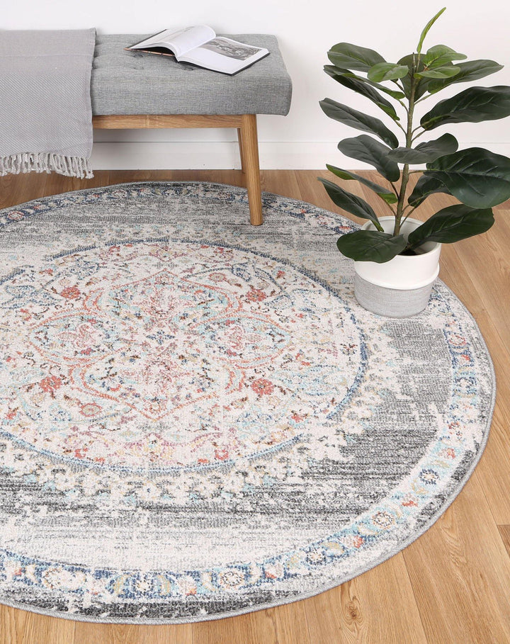 Clara Hollow Medalion Transitional Grey Round Rug - The Rugs