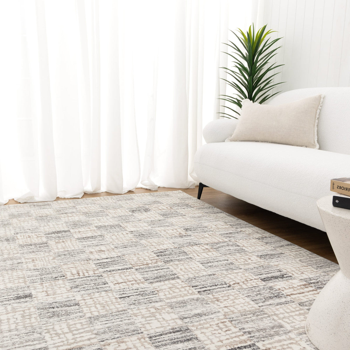 Luna Distressed Checkers Grey Beige Rug, [cheapest rugs online], [au rugs], [rugs australia]