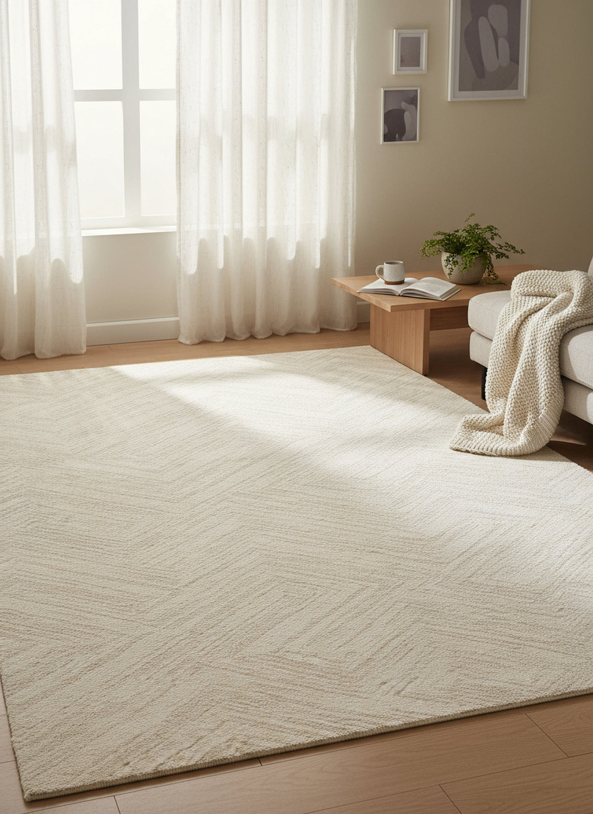Nirvana Cream Multi-Directional Geometric Linear Plush Rug