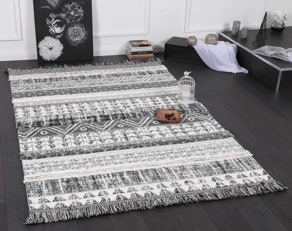 Eternity Mono Tribal Lines Cream Anthracite - The Rugs