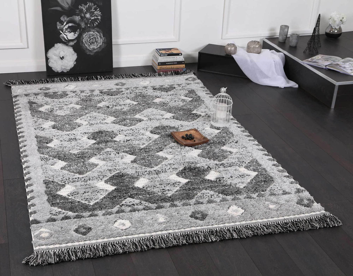 Eternity Mono Tribal Carved Lines Cream Anthracite - The Rugs