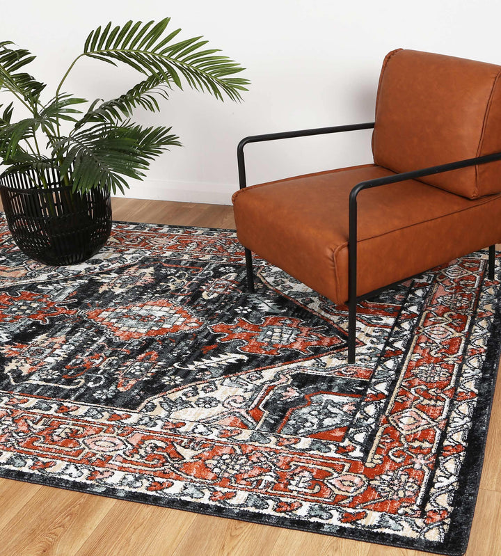 Abbot Traditional Terracotta Black Rug - The Rugs