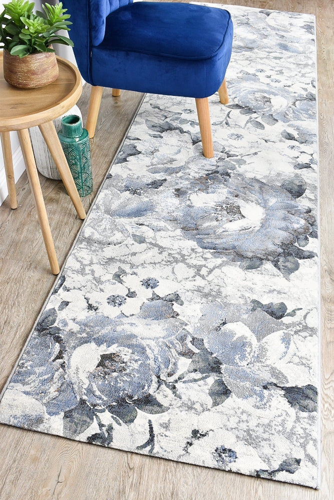 Zenith Blue Silver Grey Floral Runner Rug, [cheapest rugs online], [au rugs], [rugs australia]