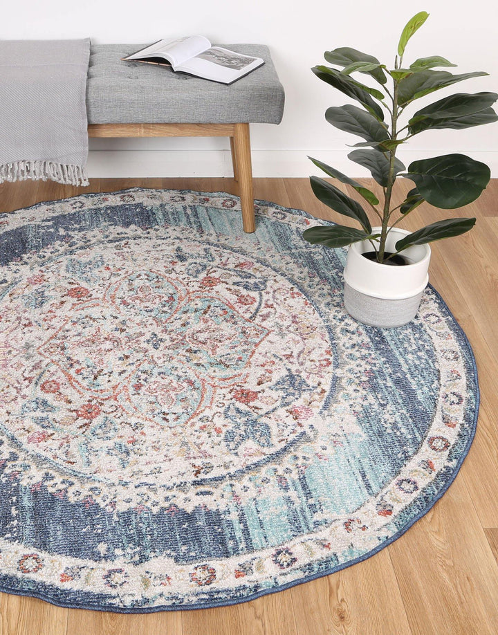 Clara Hollow Medalion Transitional Navy Multi Round Rug - The Rugs