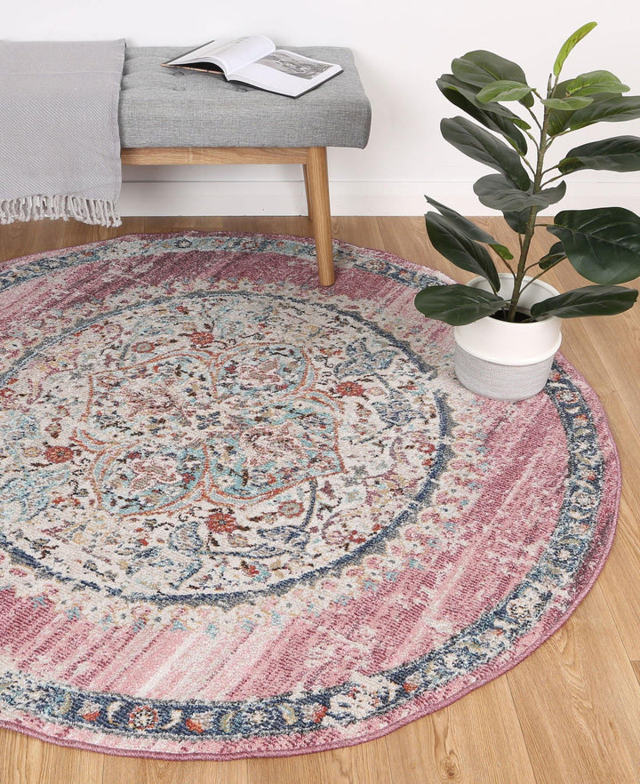 Clara Hollow Medalion Transitional Blush Round Rug - The Rugs