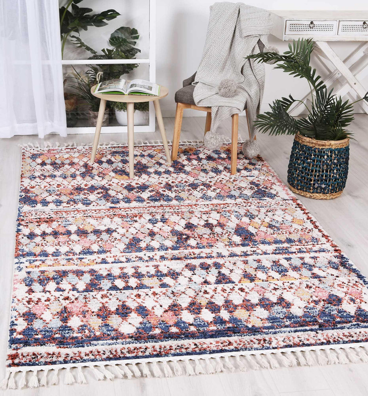 Pandora Boho Moroccan Casablanca White Navy Rug - The Rugs