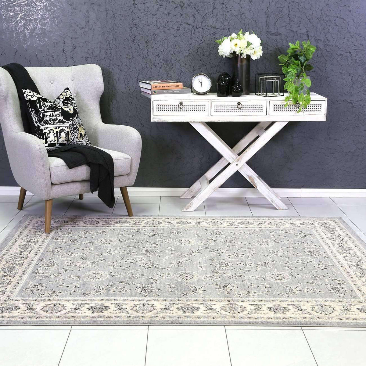 Eden Grey and Cream Traditional Boarder Rug, [cheapest rugs online], [au rugs], [rugs australia]