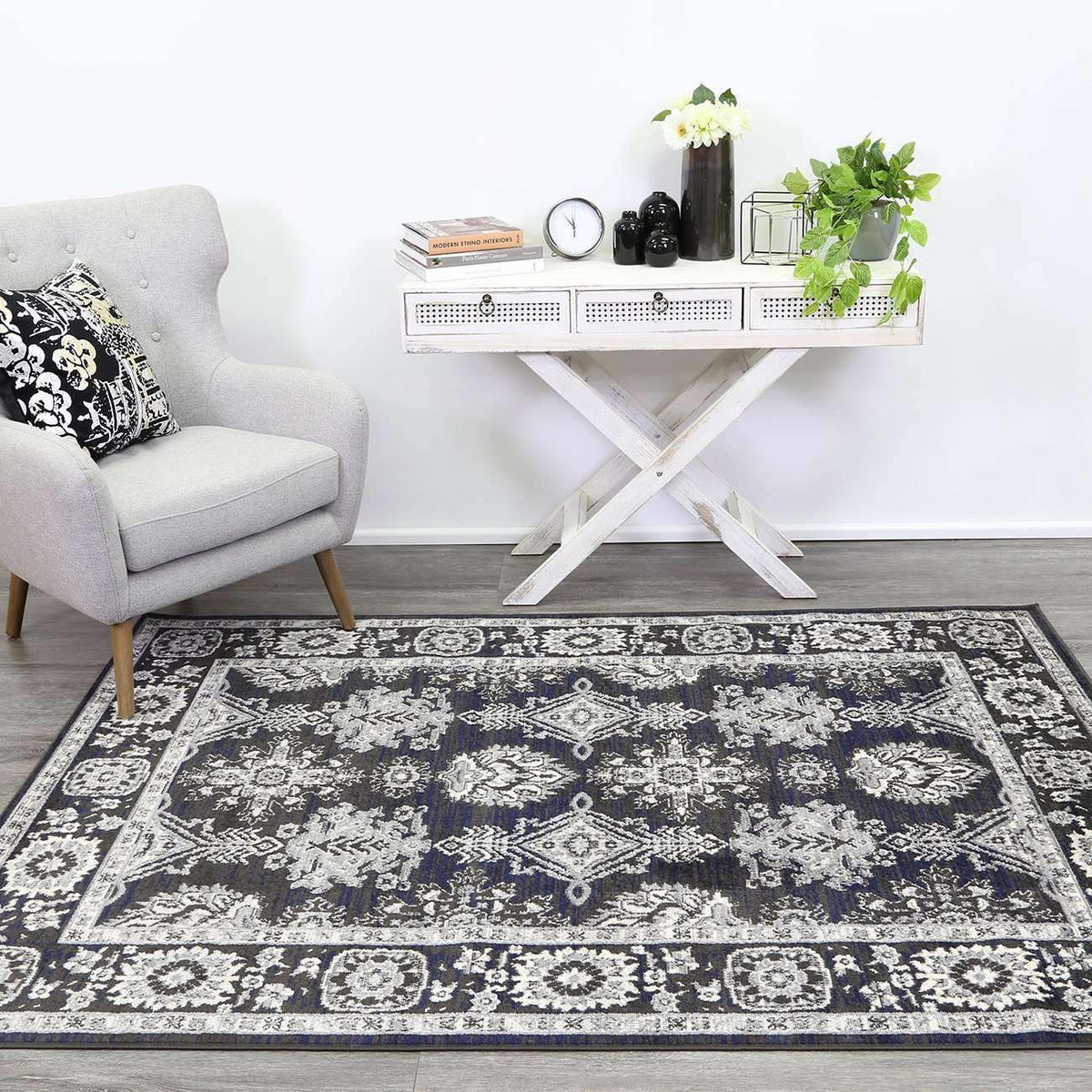 Eden Navy Blue and Grey Ziegler Traditional Ikat Rug, [cheapest rugs online], [au rugs], [rugs australia]