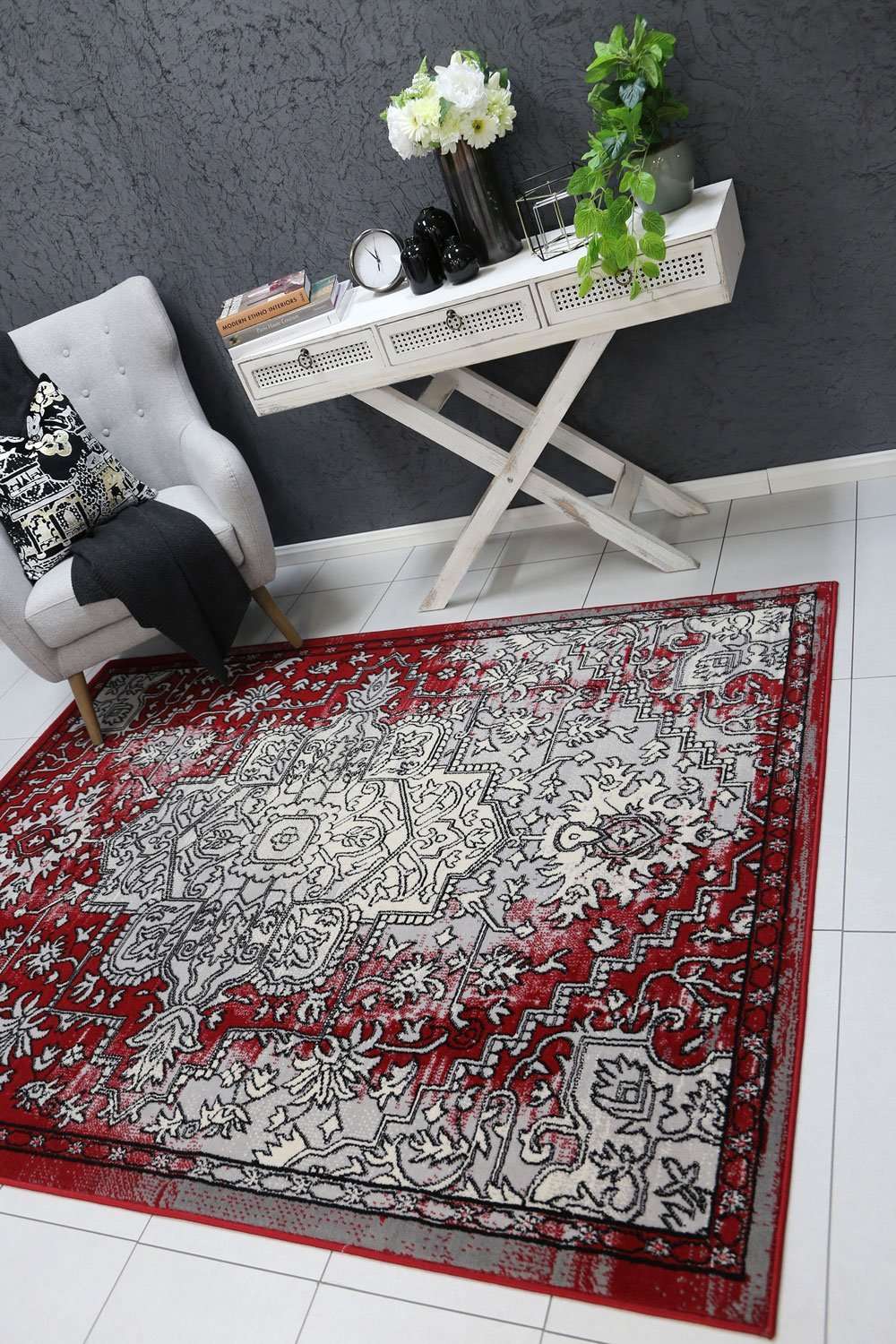 Emory Grey and Red Distressed Vintage Rug, [cheapest rugs online], [au rugs], [rugs australia]