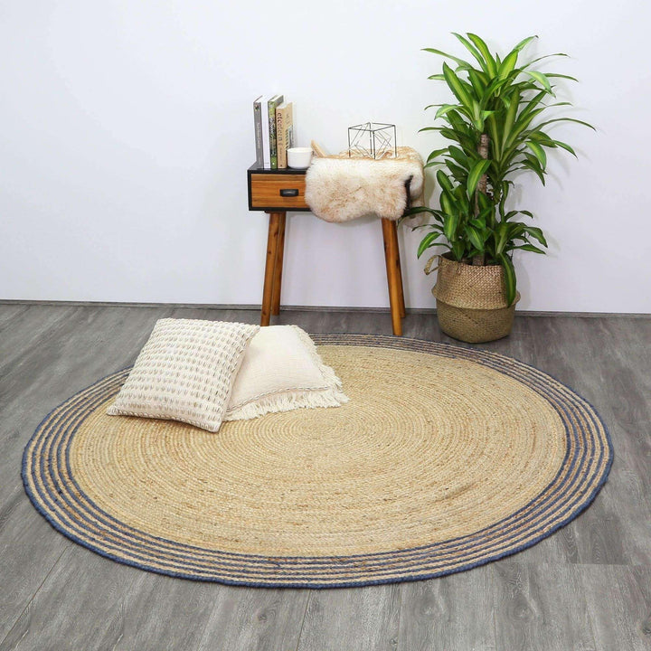 Faro Natural Round Navy Border Rug, [cheapest rugs online], [au rugs], [rugs australia]