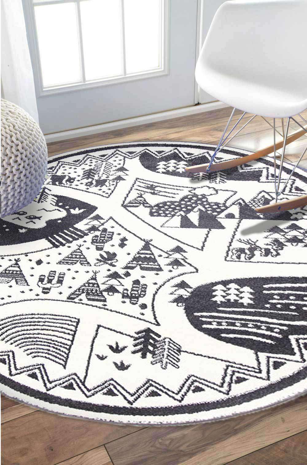 Paddington Black and White Kids Camping Adventure Kids Round Rug, [cheapest rugs online], [au rugs], [rugs australia]