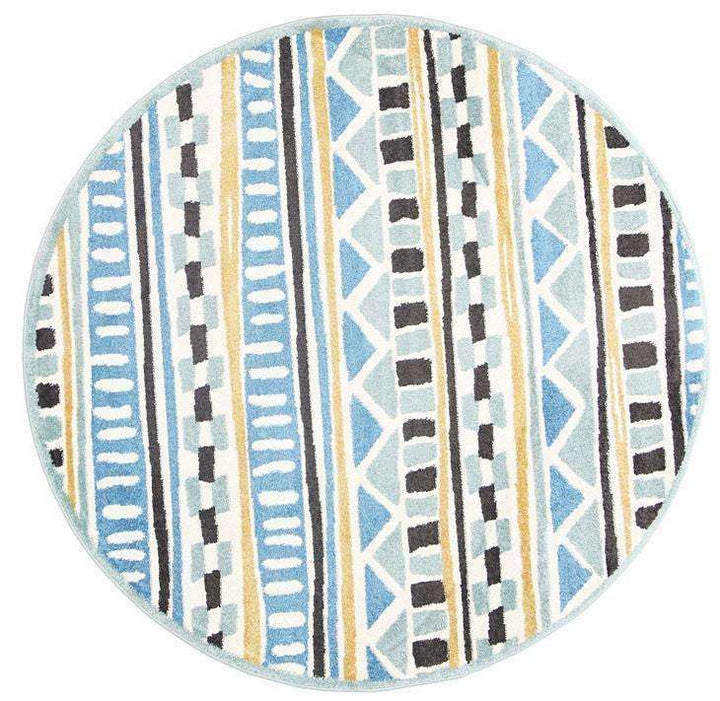 Paddington Blue and Yellow Tribal Kids Round Rug, [cheapest rugs online], [au rugs], [rugs australia]