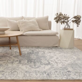 Velvet Luxe Distressed Medallion Cream Blue Washable Rug