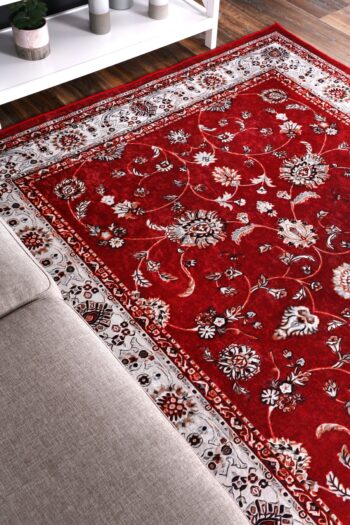 Halo Traditional Floral Border Red Non-Slip Rug