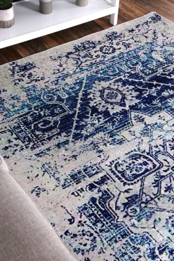 Halo Distressed Navy White Traditional Non-Slip Rug
