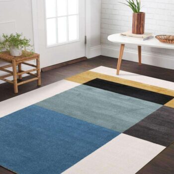 Divinity Cubism Blue Gold Modern Rug