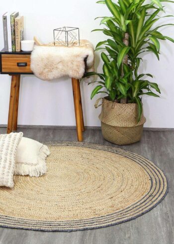 Faro Natural Round Grey Border Rug