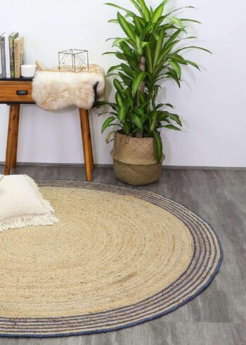 Faro Natural Round Navy Border Rug