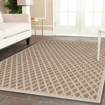 Landscape Brown Beige Bordered Diamond Pattern Ikat Rug