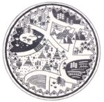 Paddington Black and White Kids Camping Adventure Kids Round Rug