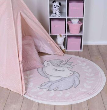 Poppins Kids Sleeping Unicorn  Round Rug Pink